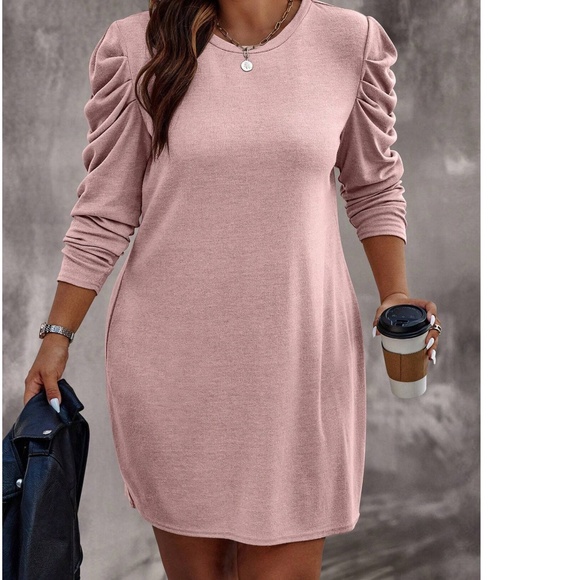 Plus Solid Round neck Puff Long Sleeve Dress - Picture 1 of 9
